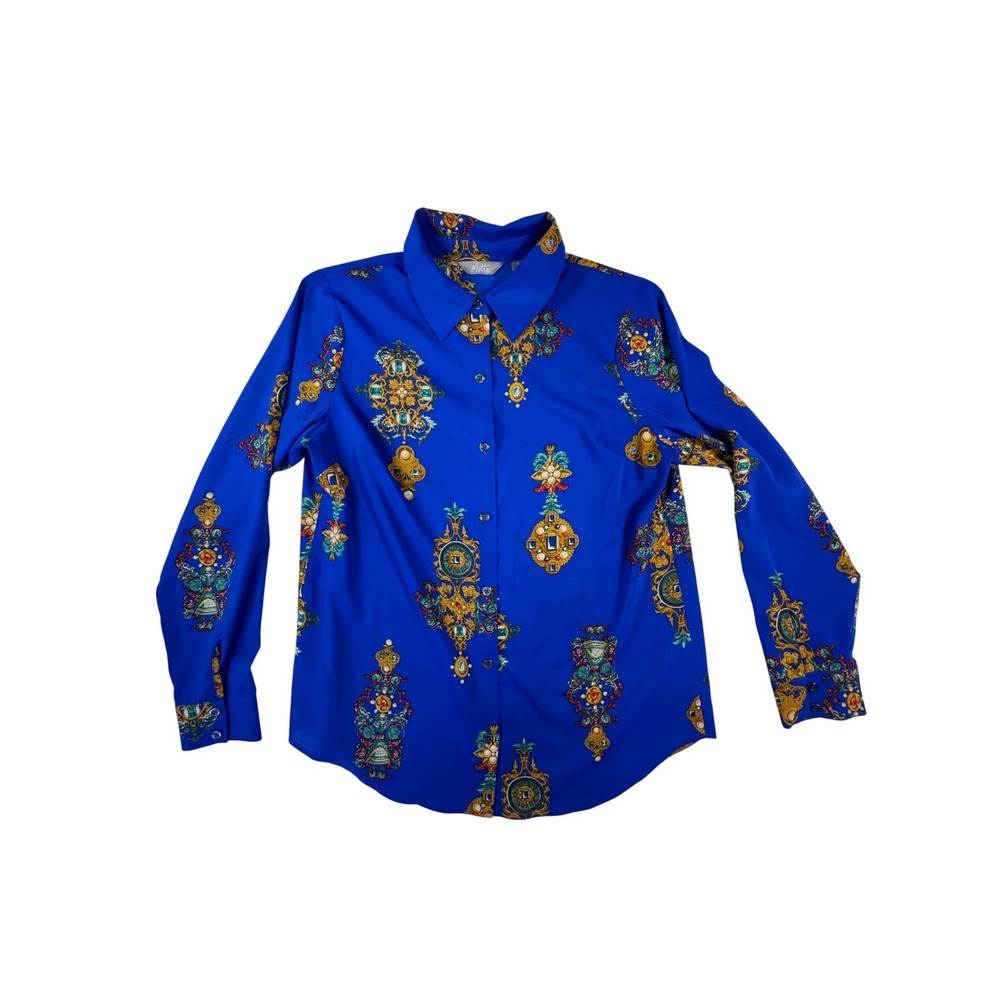 Motto Button Down Blouse Women's 6 Blue Baroque Jewel‎ Print Long Sleeve